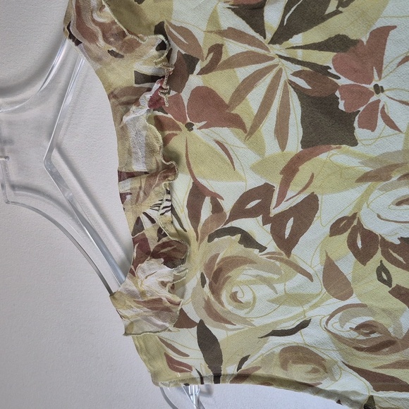 Vintage 90s Retro Silk Floral Ruffle Sleeveless Top Green Brown, Size M, Fairy - Picture 4 of 6